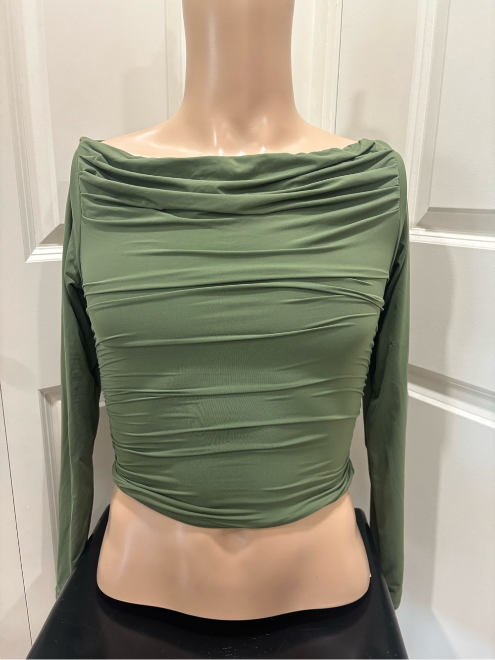 Olive Boatneck Ruched Long-Sleeve Top